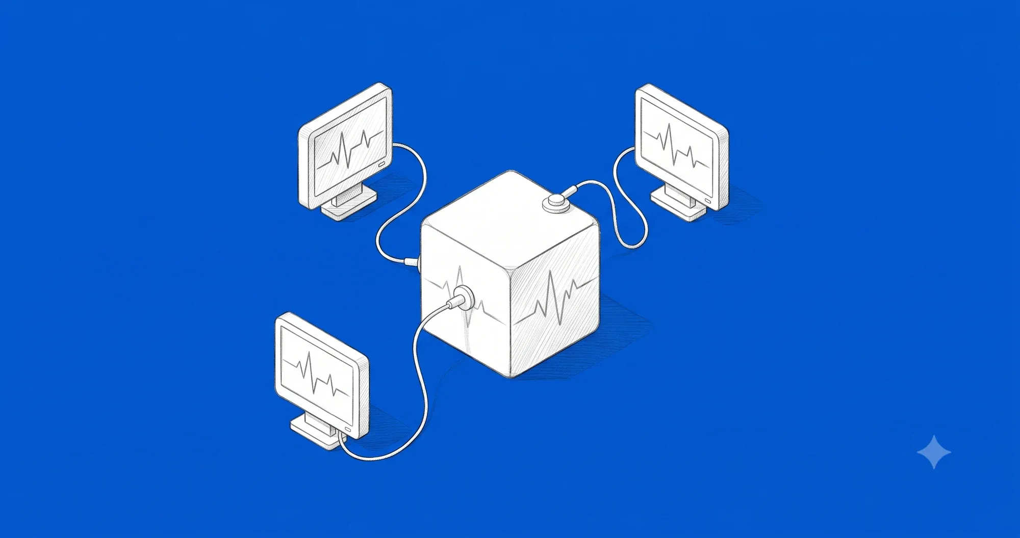 Pencil-sketch isometric illustration of a Kubernetes container (a cube) being health-checked by three small monitors, each showing an EKG pulse and connected to the container by a probe lead.