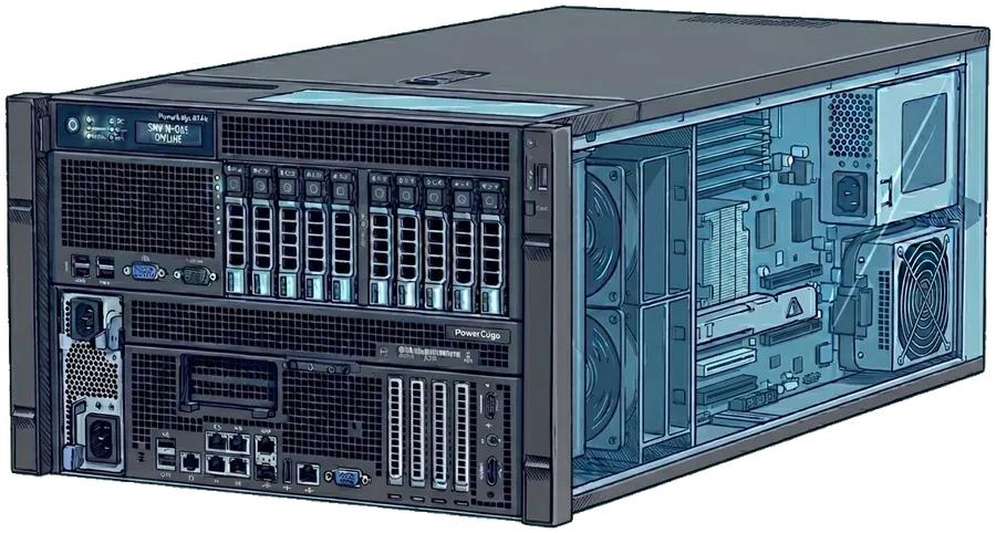 Illustration of a physical tower server seen from the front and side — drive bays, network and power ports, cooling fans and the motherboard inside.